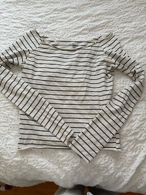 Brandy Melville Cream and Black Striped Boatneck Long-Sleeve Top